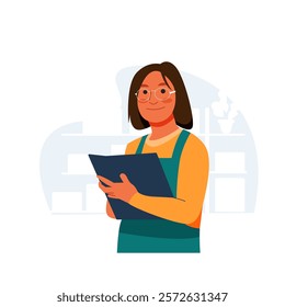 Vector of shopkeeper woman check her note