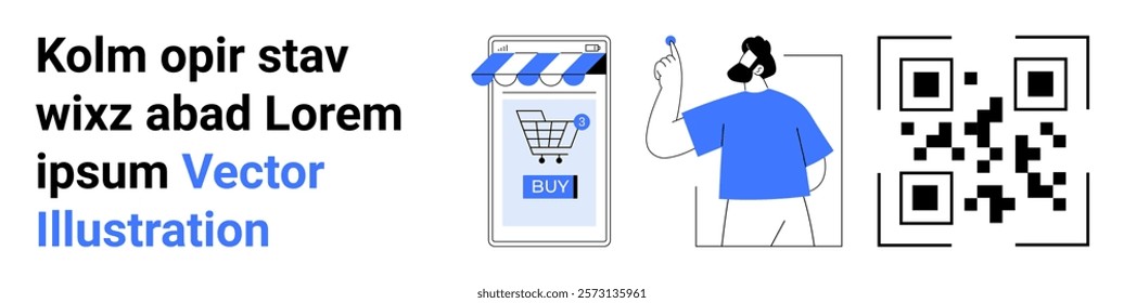 Vector of a shopper holding a smartphone, a storefront, and a QR code. Ideal for online shopping, e-commerce, mobile apps, digital marketing, and modern retail. Banner for landing page