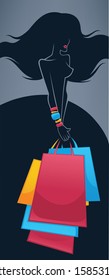 vector shopping background, girl in long dress with shopping bags