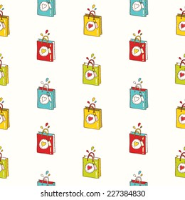 Vector shopping background. Vector sale pattern. Sale seamless background. Vector cute shopping bag pattern.