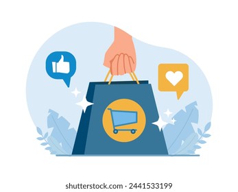 Vector de una bolsa de compras con el logotipo del carrito de compras y el signo del pulgar hacia arriba. Mejor compra, buen servicio, experiencia de compra en línea retroalimentación.