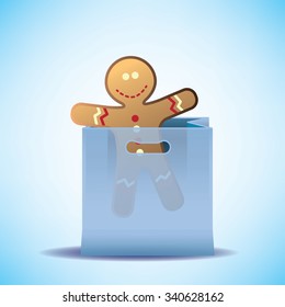 Vector shopping bag with cookie man for winter sales