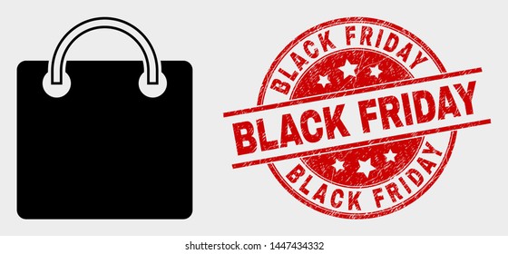 Vector shopping bag icon and Black Friday seal. Red round grunge seal stamp with Black Friday text. Vector composition for shopping bag in flat style. Black isolated shopping bag pictogram.
