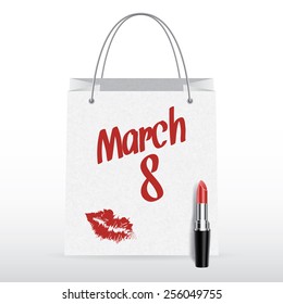 Vector shopping bag with lipstick and 8 March inscription