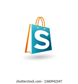 vector shopping bag logo icon, blue bag with letter s