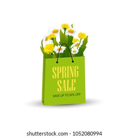 Vector shopping bag with spring flowers. Spring sale