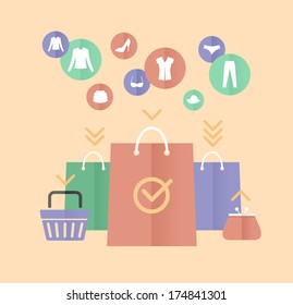 Vector shopping bags and clothes flat concept