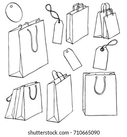 vector shopping bags and labels, hand drawn illustration