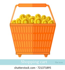 Vector shopping basket side view with gold heap of bit coins. Flat business icon online buy on white