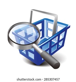 Vector Shopping Blue Cart and Magnifying Glass Icon. Modern design 3d style icon, isolated on white background