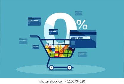 Vector Of A Shopping Cart And Discount Credit Card With Low Interest Rates On Blue Background 