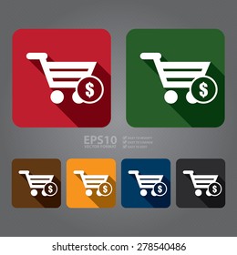 Vector : Shopping Cart With Dollar Currency Flat Long Shadow Style Icon, Label, Sticker, Sign or Banner 