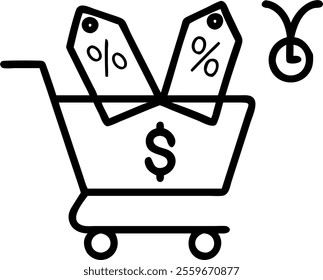 Vector of a shopping cart with dollar signs and discount tags concept as A clean vector illustration of a shopping cart adorned with dollar signs and discount tags isolated on a white background. Perf