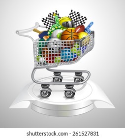Vector shopping cart full of many sport items