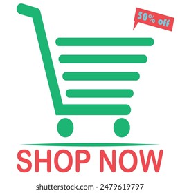 Vector shopping cart icon with modern design, featuring 'Shop Now' text and 50% off banner. Colorful and eye-catching, perfect for e-commerce, sales, and discounts. Fully editable and scalable EPS .