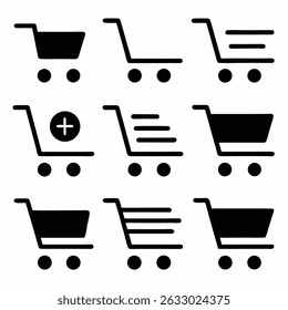 Vector shopping cart icon set with basket, trolley, and shop symbols for retail commerce and web design