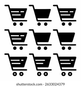 Vector shopping cart icon set with basket, trolley, and shop symbols for retail commerce and web design