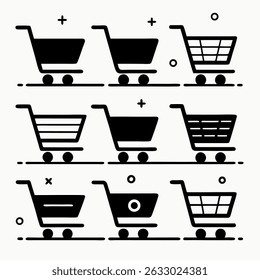 Vector shopping cart icon set with basket, trolley, and shop symbols for retail commerce and web design