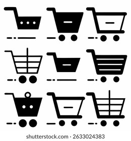 Vector shopping cart icon set with basket, trolley, and shop symbols for retail commerce and web design