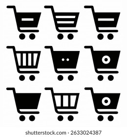 Vector shopping cart icon set with basket, trolley, and shop symbols for retail commerce and web design