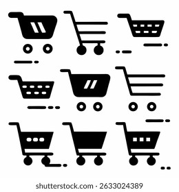 Vector shopping cart icon set with basket, trolley, and shop symbols for retail commerce and web design