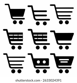 Vector shopping cart icon set with basket, trolley, and shop symbols for retail commerce and web design