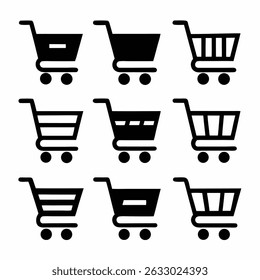 Vector shopping cart icon set with basket, trolley, and shop symbols for retail commerce and web design