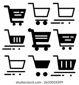 Vector shopping cart icon set with basket, trolley, and shop symbols for retail commerce and web design