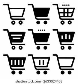 Vector shopping cart icon set with basket, trolley, and shop symbols for retail commerce and web design