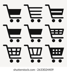 Vector shopping cart icon set with basket, trolley, and shop symbols for retail commerce and web design