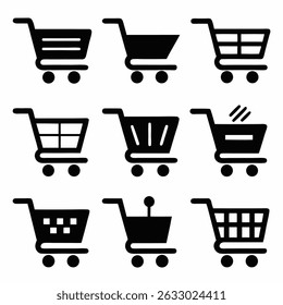 Vector shopping cart icon set with basket, trolley, and shop symbols for retail commerce and web design