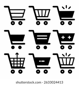 Vector shopping cart icon set with basket, trolley, and shop symbols for retail commerce and web design