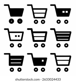 Vector shopping cart icon set with basket, trolley, and shop symbols for retail commerce and web design