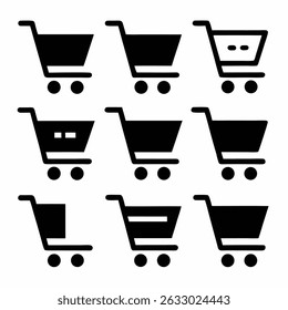 Vector shopping cart icon set with basket, trolley, and shop symbols for retail commerce and web design