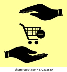 Vector Shopping Cart Remove from Cart Icon. Save or protect symbol by hands.
