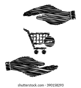 Vector Shopping Cart Remove from Cart Icon. Save or protect symbol by hands with scribble effect.