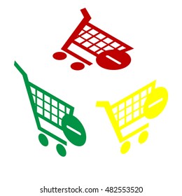 Vector Shopping Cart with Remove sign. Isometric style of red, green and yellow icon.