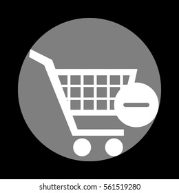 Vector Shopping Cart with Remove sign. White icon in gray circle at black background. Circumscribed circle. Circumcircle.