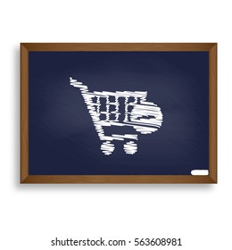 Vector Shopping Cart with Remove sign. White chalk icon on blue school board with shadow as background. Isolated.