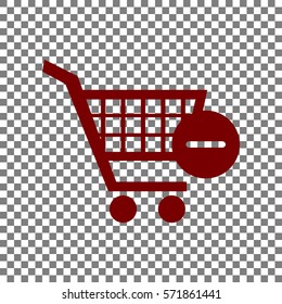 Vector Shopping Cart with Remove sign. Maroon icon on transparent background.