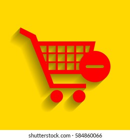 Vector Shopping Cart with Remove sign. Vector. Red icon with soft shadow on golden background.