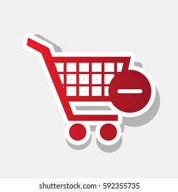 Vector Shopping Cart with Remove sign. Vector. New year reddish icon with outside stroke and gray shadow on light gray background.