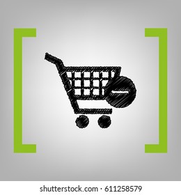Vector Shopping Cart with Remove sign. Vector. Black scribble icon in citron brackets on grayish background.