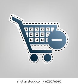 Vector Shopping Cart with Remove sign. Vector. Blue icon with outline for cutting out at gray background.