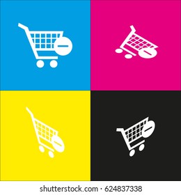 Vector Shopping Cart with Remove sign. Vector. White icon with isometric projections on cyan, magenta, yellow and black backgrounds.