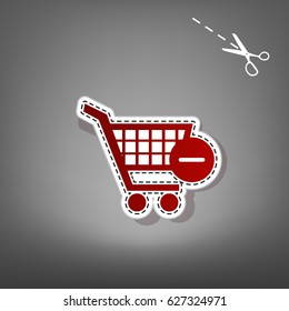 Vector Shopping Cart with Remove sign. Vector. Red icon with for applique from paper with shadow on gray background with scissors.