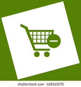 Vector Shopping Cart with Remove sign. Vector. White icon obtained as a result of subtraction rotated square and path. Avocado background.