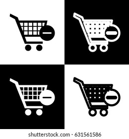 Vector Shopping Cart with Remove sign. Vector. Black and white icons and line icon on chess board.