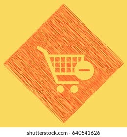 Vector Shopping Cart with Remove sign. Vector. Red scribble icon obtained as a result of subtraction rhomb and path. Royal yellow background.