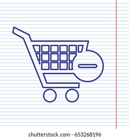 Vector Shopping Cart with Remove sign. Vector. Navy line icon on notebook paper as background with red line for field.